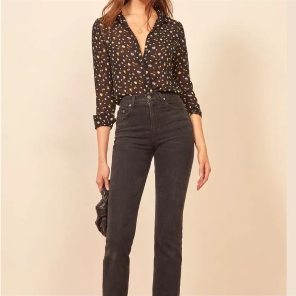 Reformation Black Sheer Floral Button-Up Blouse - Picture 3 of 7